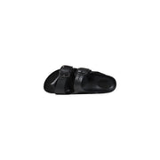 Birkenstock Damen-Hausschuhe aus schwarzem Gummi mit zwei verstellbaren Riemen und einem vorgeformten Fußbett für bequemen Tragekomfort