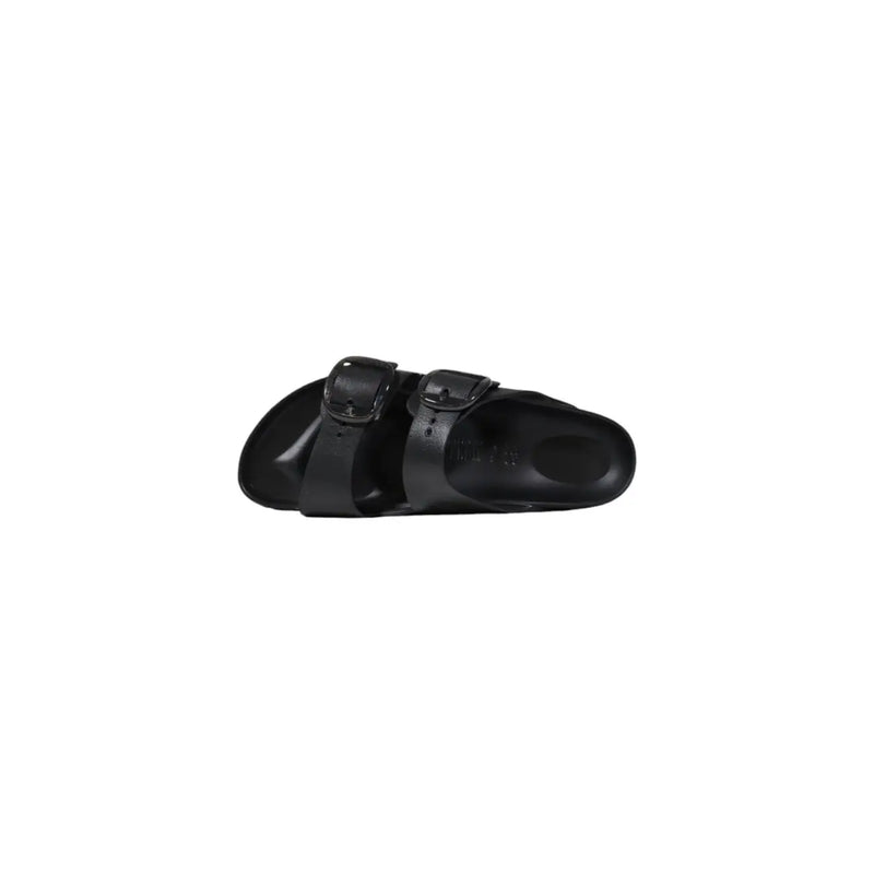 Birkenstock Damen-Hausschuhe aus schwarzem Gummi mit zwei verstellbaren Riemen und einem vorgeformten Fußbett für bequemen Tragekomfort
