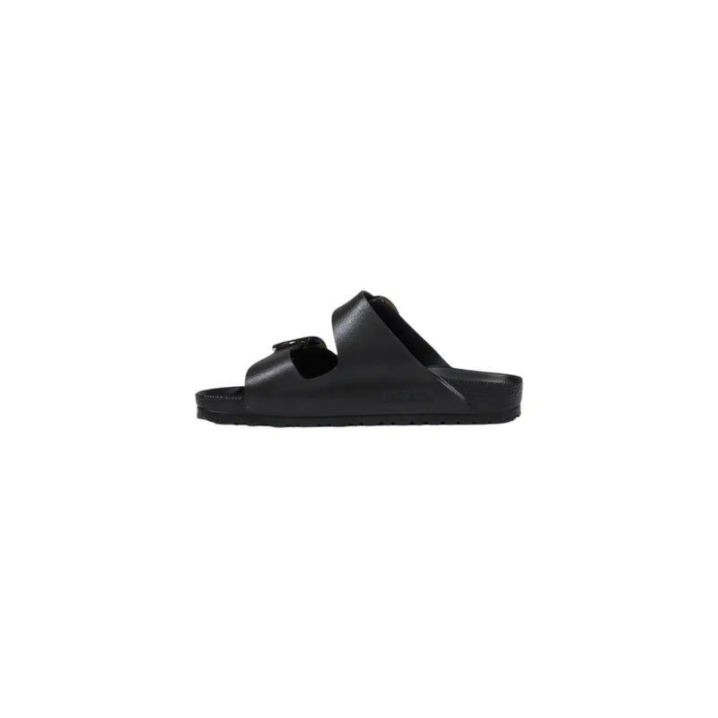 Birkenstock Damenpantoffeln aus schwarzem Gummi mit elegantem, minimalistischem Design und dem charakteristischen schwarzen Arizona-Doppelriemenverschluss