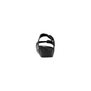 Birkenstock Damen-Sandalen aus schwarzem Gummi mit glänzender Oberfläche und zwei verstellbaren Riemen, von der Rückseite gesehen