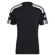 Black Adidas t shirt with white three stripes on shoulders and sleeves made from breathable fabric for casual wear