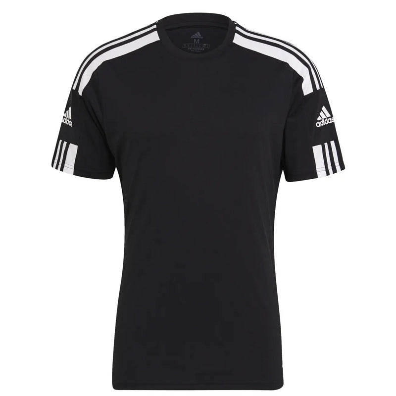 Black Adidas t shirt with white three stripes on shoulders and sleeves made from breathable fabric for casual wear
