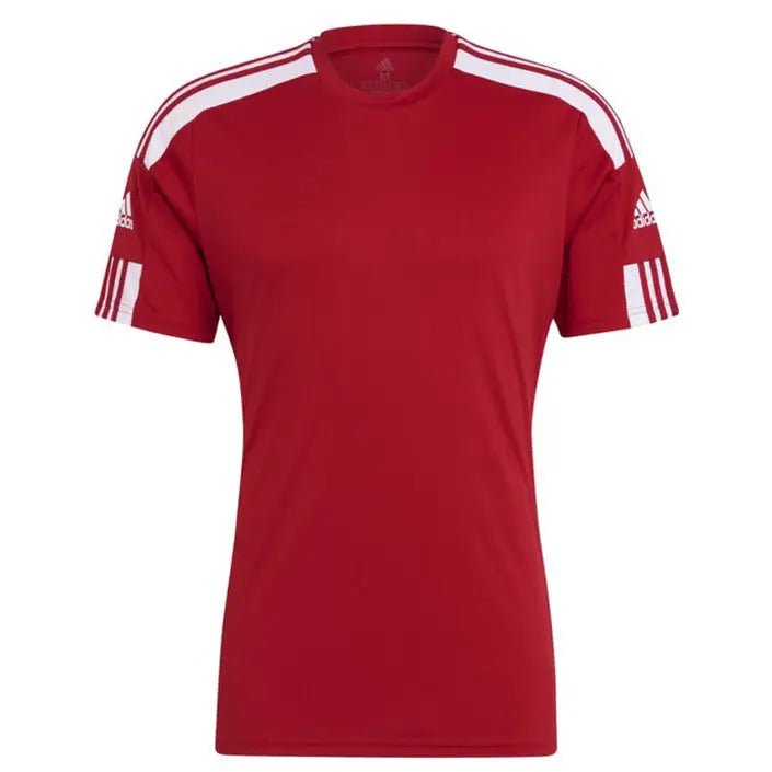 Red Adidas training shirt displayed on a black Adidas T shirt with white stripes