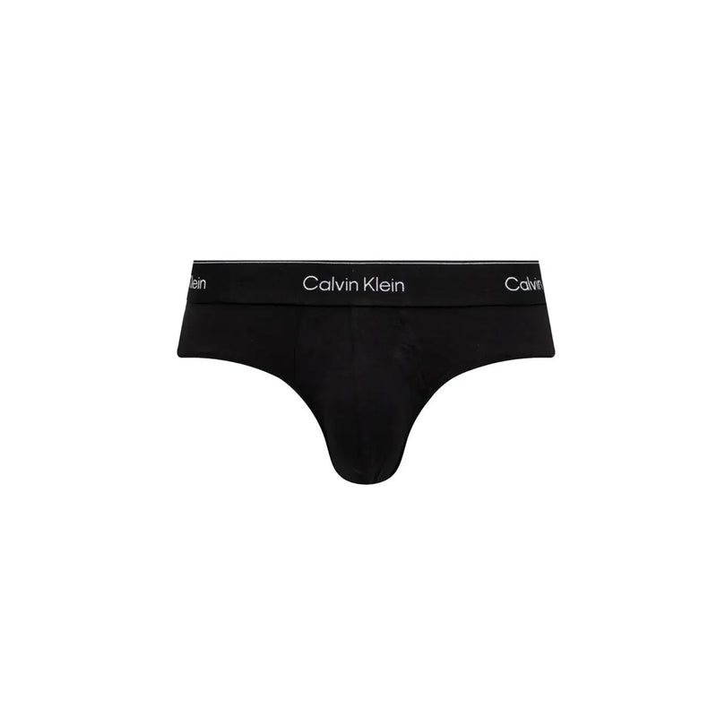 Black Calvin Klein briefs with white logo elastic band from the thong and brief collection in soft fabric