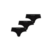 Black Calvin Klein thong underwear in black with white logo trim showcasing front design in the thong and brief collection