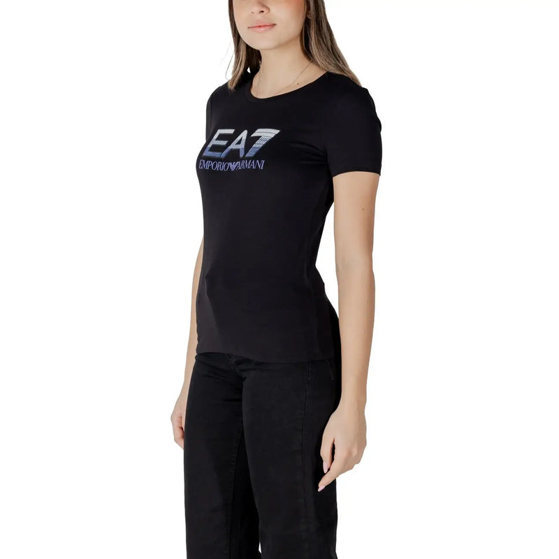 Black ea7 emporio armani women’s short-sleeved cotton t-shirt with bold logo print across the chest
