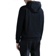 Black hooded sweatshirt with drawstrings featuring subtle textured fabric and ribbed cuffs for comfortable wear