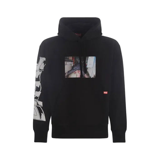 Black hoodie with eye-catching graphic print from Black Hooded Sweatshirt Featuring Graphic Prints