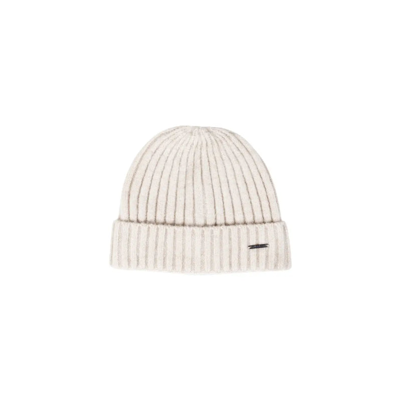 Cream-colored ribbed knit beanie with a small black logo on the front.