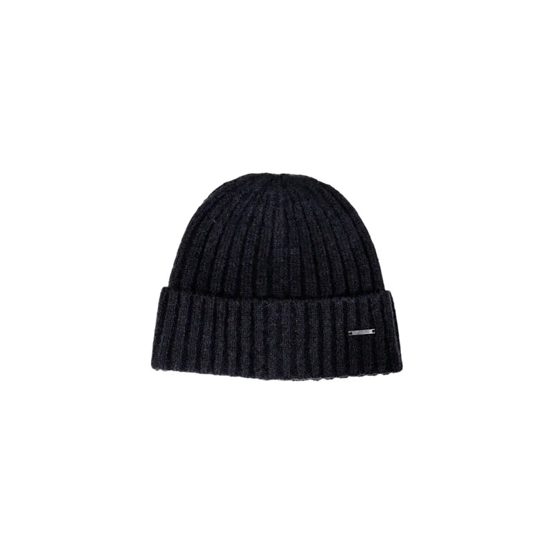 Black ribbed knit beanie with a folded cuff and brand logo.