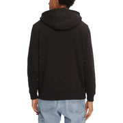 Black long hooded Tommy Hilfiger jeans sweatshirt for men with soft fleece texture and ribbed cuffs for fall winter