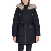 Schwarzer Damenparka mit Kapuze, Kunstpelzbesatz und verstellbarem Kordelzug in der Taille