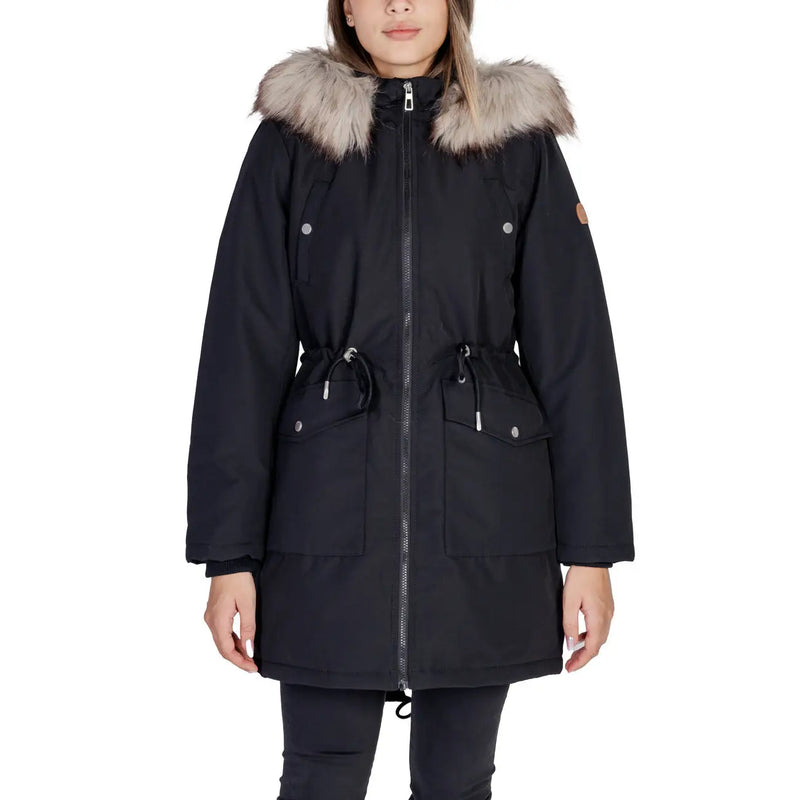 Schwarzer Damenparka mit Kapuze, Kunstpelzbesatz und verstellbarem Kordelzug in der Taille