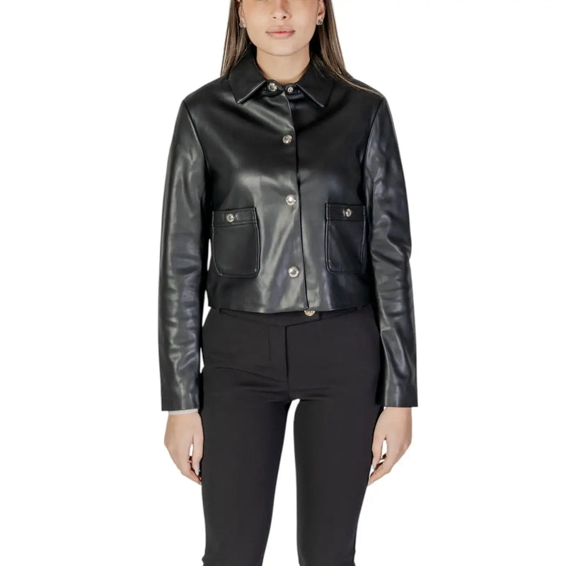 Black long polyurethane blazer featuring silver-toned buttons and two front flap pockets in faux leather material