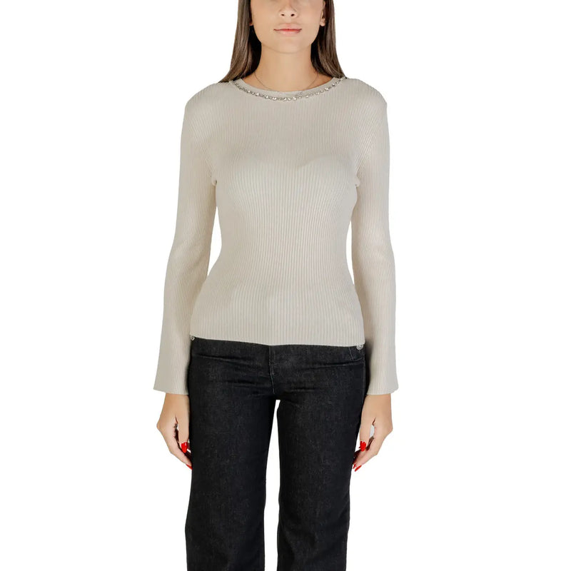 Beige ribbed long-sleeve top with embellished neckline from Black Long Round Neck Women Knit Sweater with Rhinestones