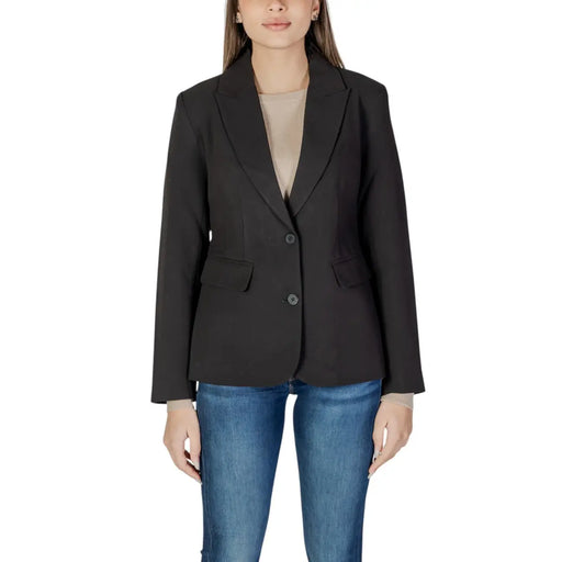 Black tailored blazer with notched lapels, two buttons, and front pockets