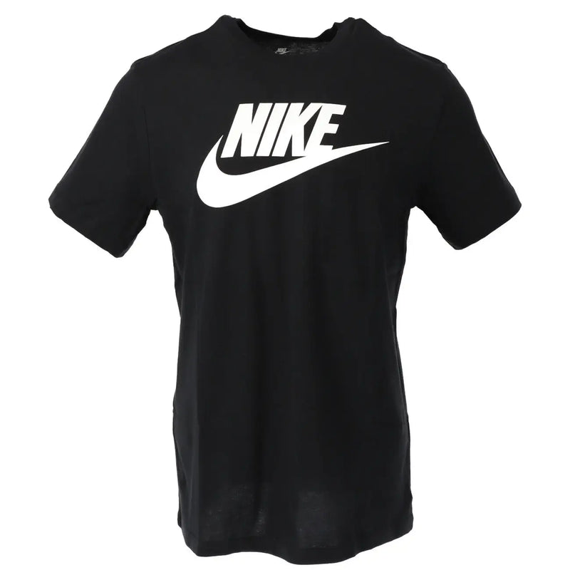 Black Nike short sleeve t shirt in cotton featuring a bold white swoosh logo across the chest