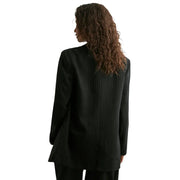 Black pinstripe blazer with lapel collar pockets relaxed fit and long sleeves for formal and casual wear