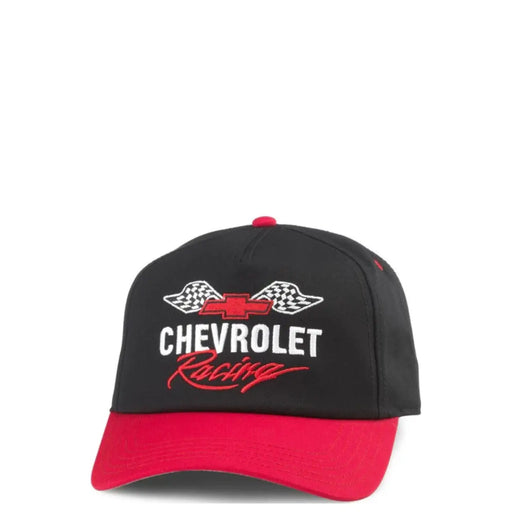 Schwarze und rote Chevrolet-Rennbaseballkappe mit gestickten Zielflaggen und rotem Fliegenemblem-Logo