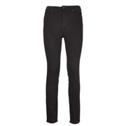 Black skinny denim jeans featuring slim fit black denim material with a classic five-pocket design