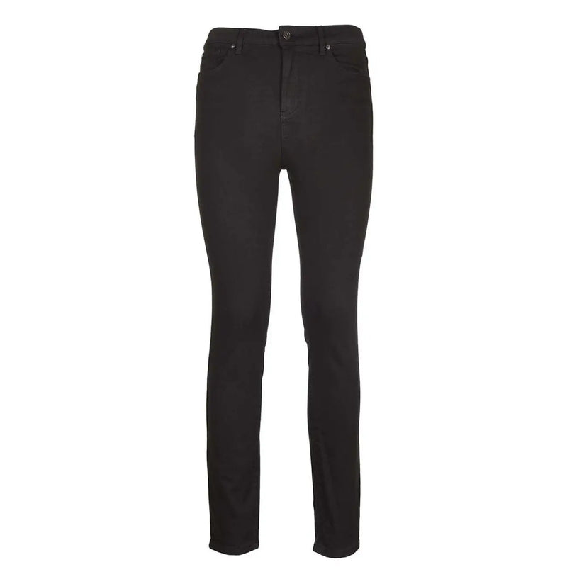 Black skinny denim jeans featuring slim fit black denim material with a classic five-pocket design