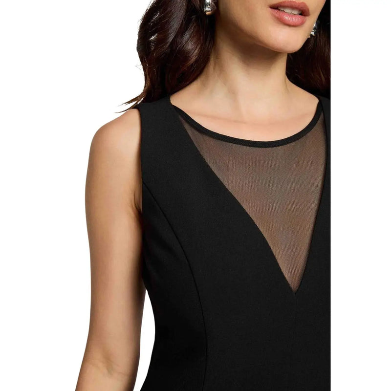 Black sleeveless round neck dress by Morgan De Toi with sheer mesh panel at the neckline