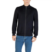 Black zip-up sweater with ribbed cuffs and hem, likely made of cotton or polyester blend.