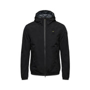 Blauer Herren-Kapuzenblazer, schwarze Polyamidjacke 26sbluc11018 mit elegantem, wasserabweisendem Material und dezentem gelbem Brustlogo