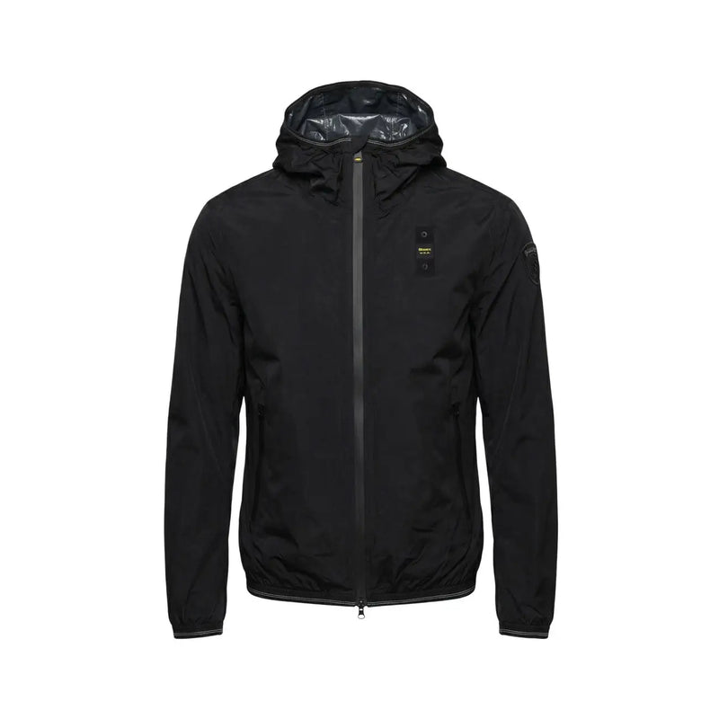Blauer Herren-Kapuzenblazer, schwarze Polyamidjacke 26sbluc11018 mit elegantem, wasserabweisendem Material und dezentem gelbem Brustlogo