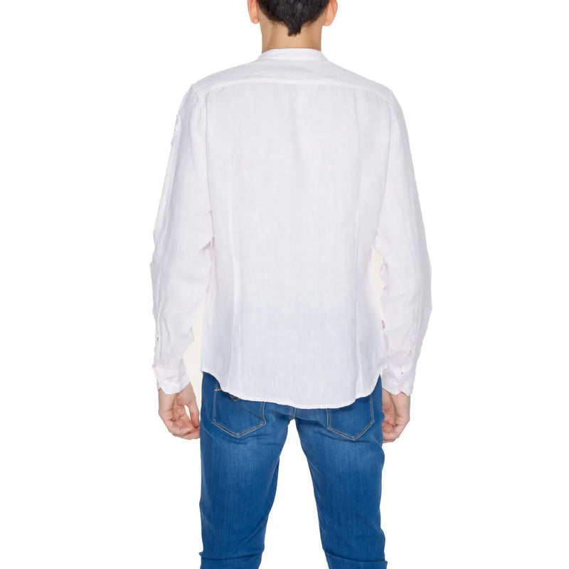 Blauer Herren-Mandarinhemd aus rosa Leinen mit langen Ärmeln und klassischem Kragen aus weißem, strukturiertem Stoff
