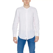 Blauer Herren-Mandarinhemd aus rosa Leinen mit weißen, langärmeligen Knöpfen und dezenter Struktur