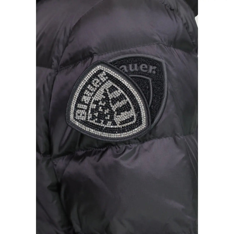 Blauer Schwarze Damen-Kapuzenjacke aus Polyamid mit dreieckigem, strassbesetztem Aufnäher mit dem blauer-Logo