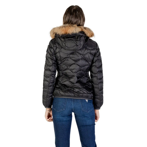Blauer Schwarze, gesteppte Damen-Daunenjacke aus Polyamid mit hellbraun gefütterter Kapuze zum Schutz vor kaltem Wetter