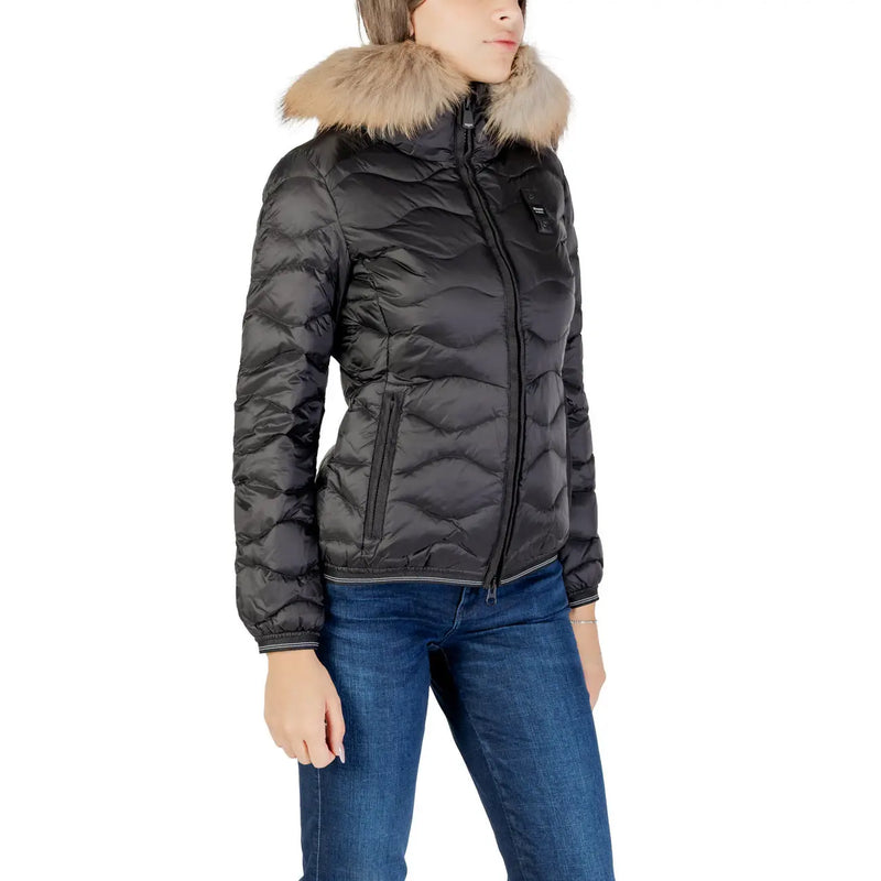 Blauer Schwarze, gesteppte Damen-Daunenjacke aus Polyamid mit hellbraun gefütterter Kapuze zum Schutz vor kaltem Wetter