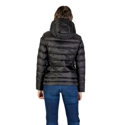 Blauer Schwarze, gesteppte Damen-Winterjacke aus Polyamid mit Kapuze zum Schutz vor Kälte