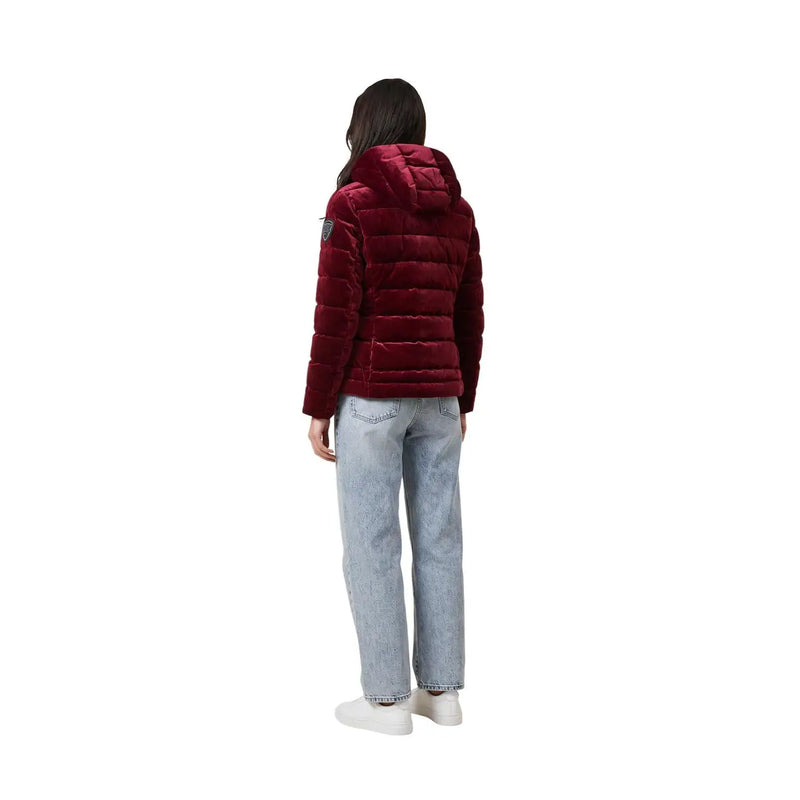Blauer Damenblazer-Jacke aus bordeauxrotem Polyester-Samt mit Kapuze, gestepptem Design und Kapuze