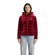 Blauer Damenblazer-Jacke aus bordeauxrotem Polyester-Samt mit Kapuze, gestepptem Design und Kapuze