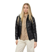 Blauer Brauner Damenblazer aus Nylon mit Kapuze im Stil einer schwarzen Steppjacke, glänzendem Finish und leichtem Futter