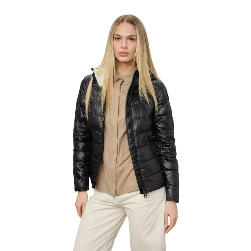 Blauer Brauner Damenblazer aus Nylon mit Kapuze im Stil einer schwarzen Steppjacke, glänzendem Finish und leichtem Futter