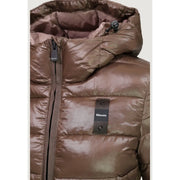 Blauer Brauner Damenblazer aus Nylon mit Kapuze, glänzendem Metallic-Finish und gestepptem Design mit schwarzen Reißverschlussanhängern