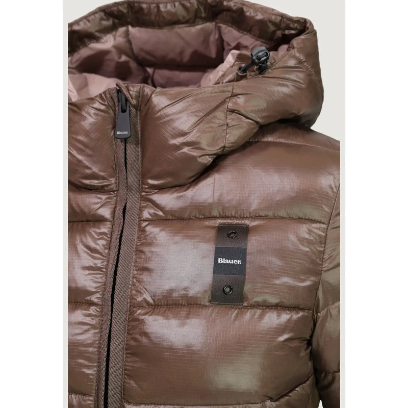 Blauer Brauner Damenblazer aus Nylon mit Kapuze, glänzendem Metallic-Finish und gestepptem Design mit schwarzen Reißverschlussanhängern