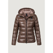 Blauer Brauner Damenblazer aus Nylon mit Kapuze, glänzendem Steppmuster, schwarzen Reißverschlussdetails und passendem Innenfutter