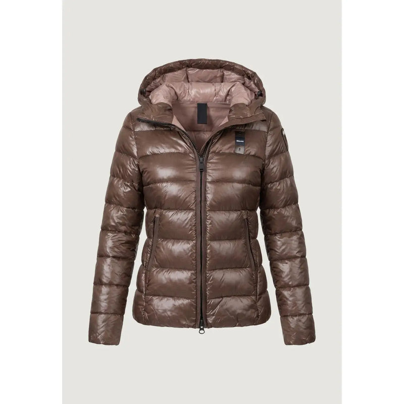 Blauer Brauner Damenblazer aus Nylon mit Kapuze, glänzendem Steppmuster, schwarzen Reißverschlussdetails und passendem Innenfutter