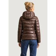 Blauer Damen brauner Nylonblazer mit Kapuze, glänzende Steppjacke mit Kapuze in Braun
