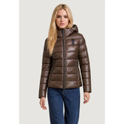 Blauer Braune, gesteppte Nylon-Damenjacke mit Kapuze und schwarzem Reißverschluss zum Schutz vor kaltem Wetter