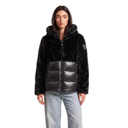 Blauer Brauner Damen-Winterblazer aus Nylon mit Kapuze, schwarzer Kunstpelz-gefütterter Kapuze und glänzend schwarzem, gestepptem Saum
