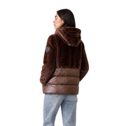 Blauer Brauner Damen-Winterblazer aus Nylon mit Kapuze, kombiniert mit einer braunen Cord-Steppjacke mit flauschiger Kapuze