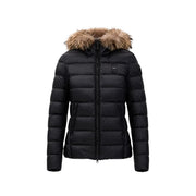 Blauer Schwarzer Damenblazer aus Nylon mit Kapuze, bestehend aus einer gesteppten schwarzen Daunenjacke und einer mit braunem Fell gefütterten Kapuze.