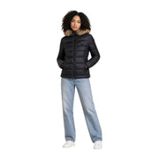 Blauer Schwarze, gesteppte Nylon-Daunenjacke für Damen mit pelzgefütterter Kapuze für kaltes Wetter