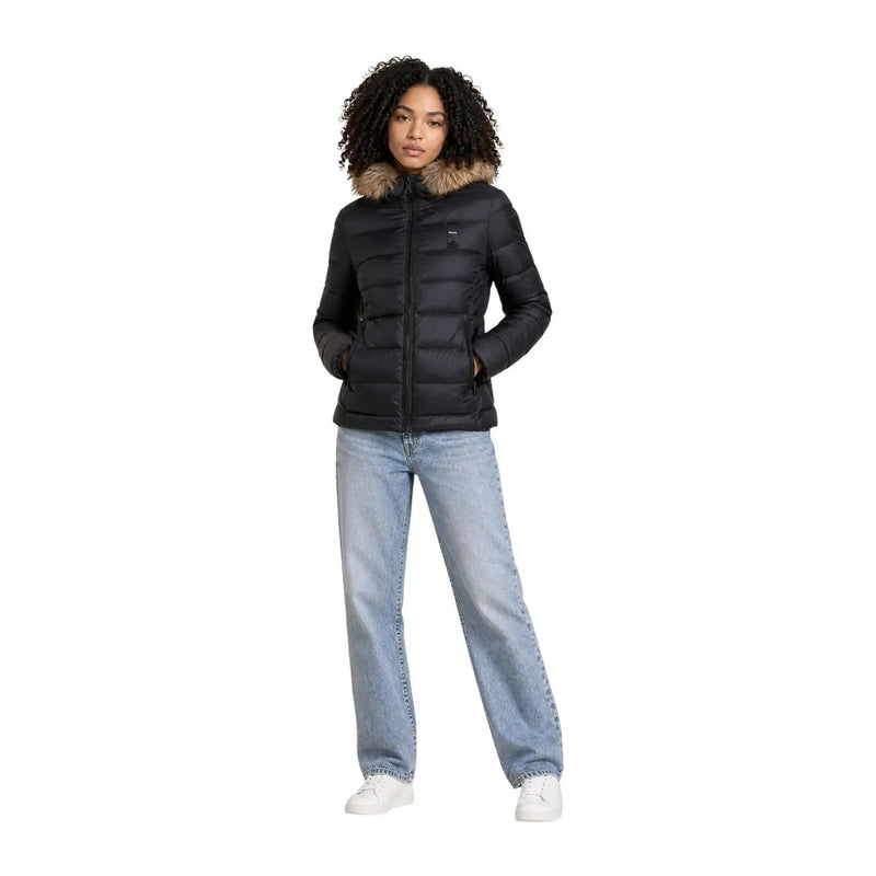 Blauer Schwarze, gesteppte Nylon-Daunenjacke für Damen mit pelzgefütterter Kapuze für kaltes Wetter
